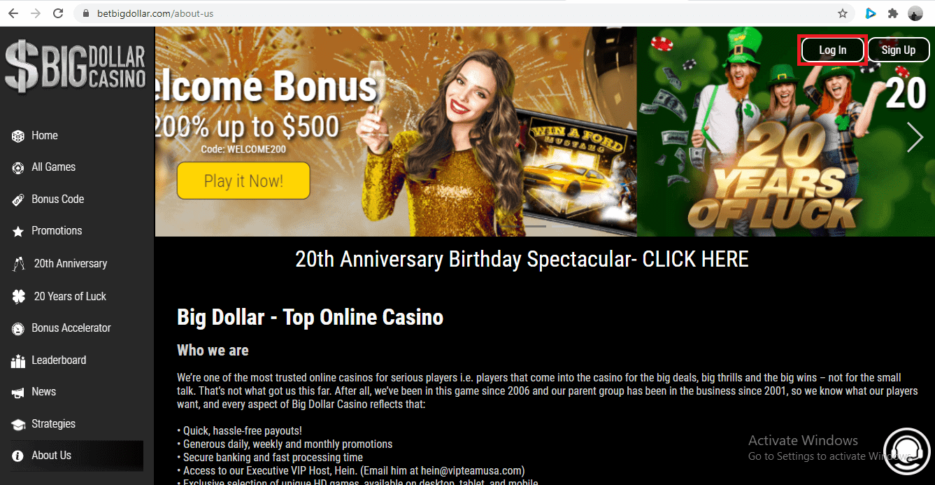 Bet Big Dollar Casino Homepage