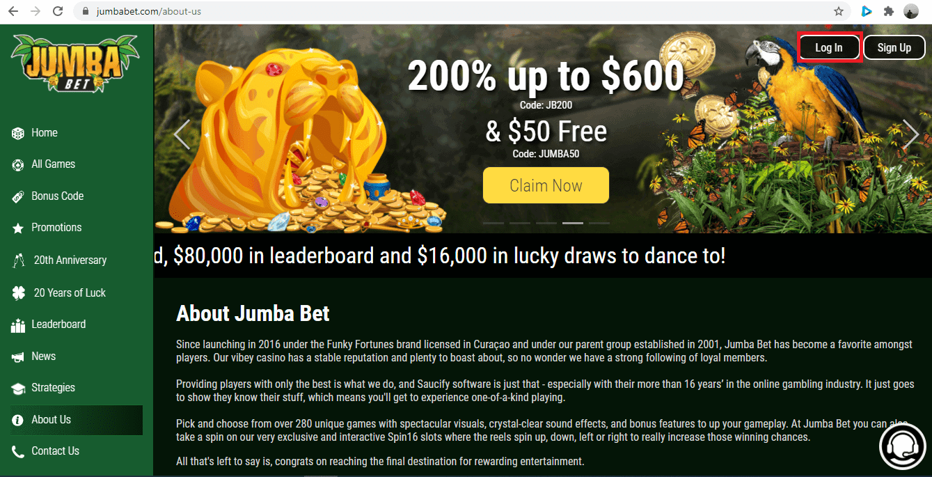 Jumba Bet Casino Homepage