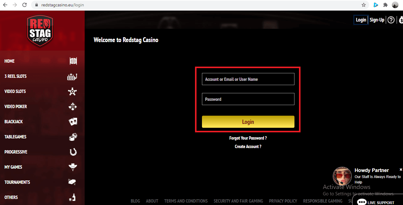 Red Stag Casino Login Page