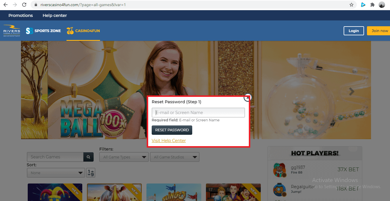 Rivers Casino Password Recovery Popup