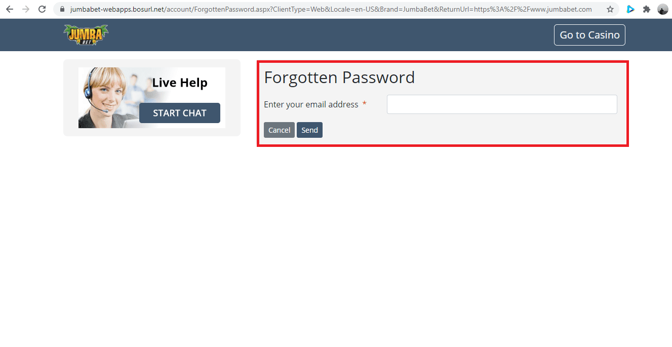 Jumba Bet Casino Password Recovery Page