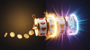 A slot machine spinning fast with 777 in the wheel and coins bolting out of its cash hole