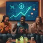 People in South Africa gambling with crypto while big crypto graph is at the back of the background